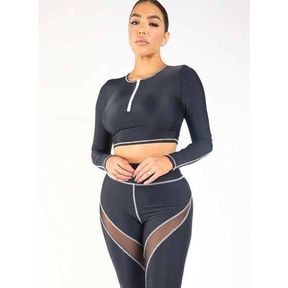 Boutique Pants - Mesh Contrast Long Sleeve Crop Top with Pants Leggings Outfit 2 Piece Set